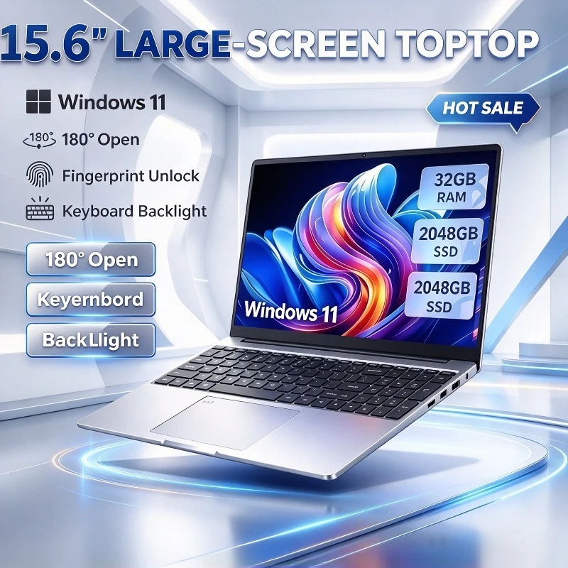 Large-Screen 15.6 Inch Laptop 32GB RAM  2TB SSD Intel 6500Y Office Windows Notebook 5000mAh Gamer PC with Backlit Fingerprint