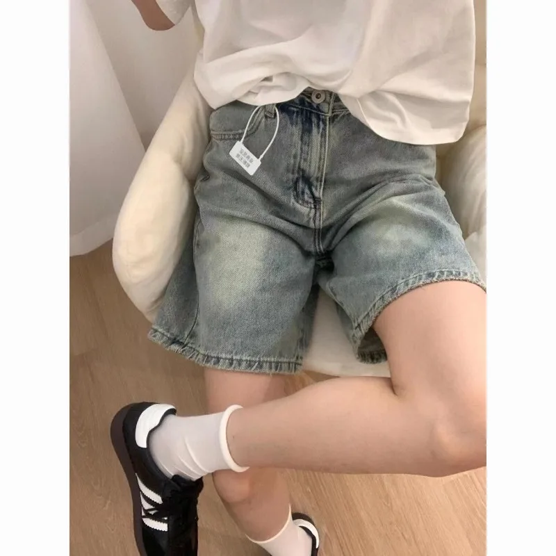 American Retro Washed Loose Straight Denim Five-point Pants Womens Summer New High-waisted and Thin Wide-leg Shorts Medium Pants