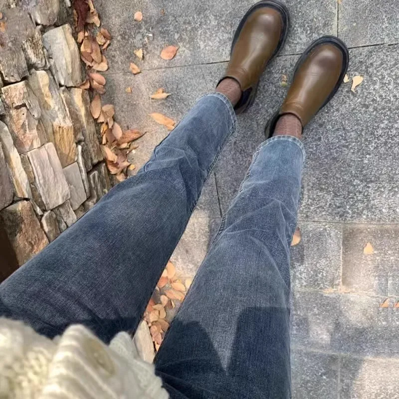 

High Waist Straight Leg Blue Grey Denim Jeans Women Short Stature Eight Nine Points 150cm Smoke Tube Pants Spring New Arrival