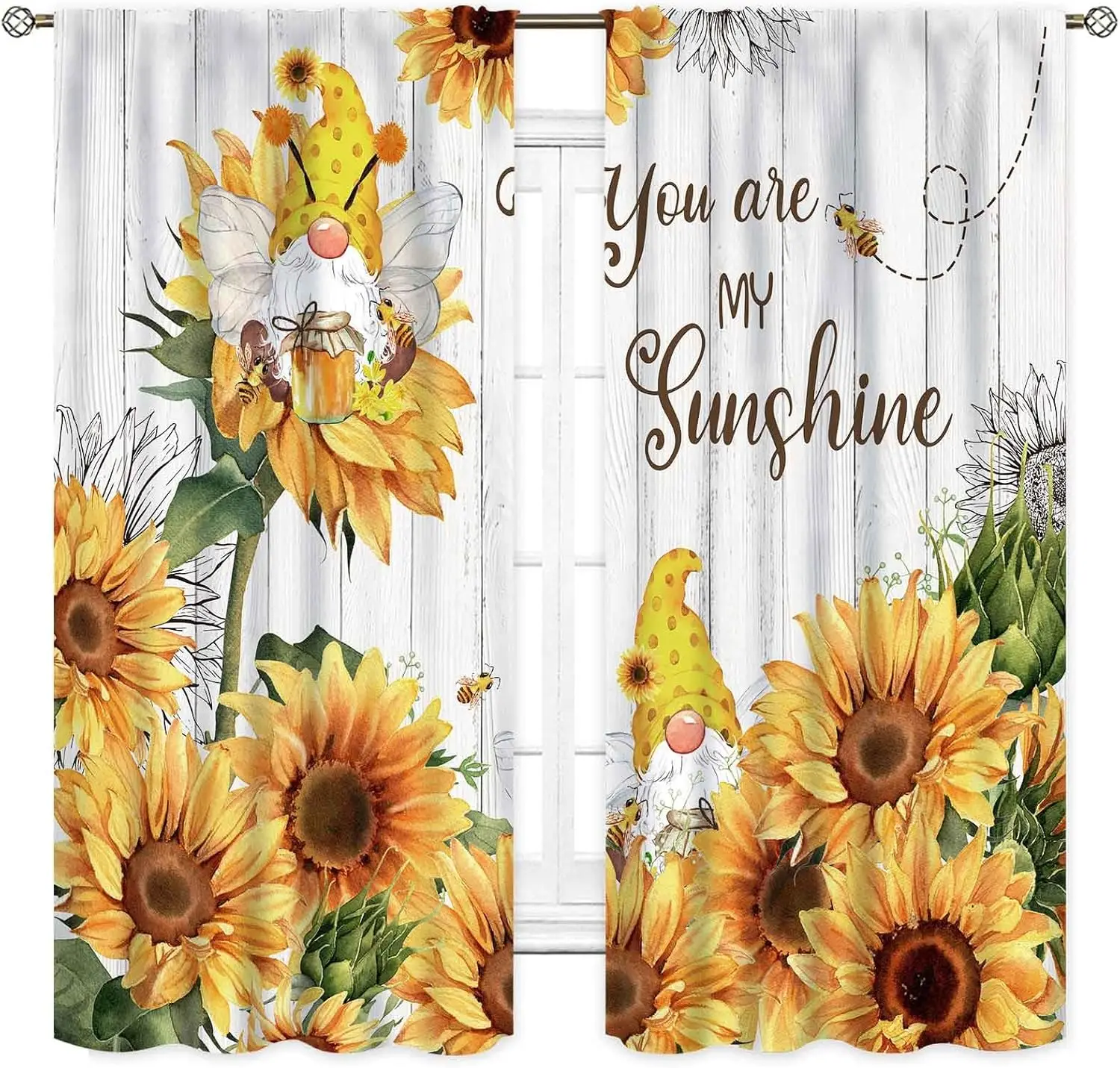 Sunflower Curtains for Kitchen, Rusitc Country Gnome Yellow Flowers on Wooden Printed Farmhouse Style Rod Pocket Bedroom Living