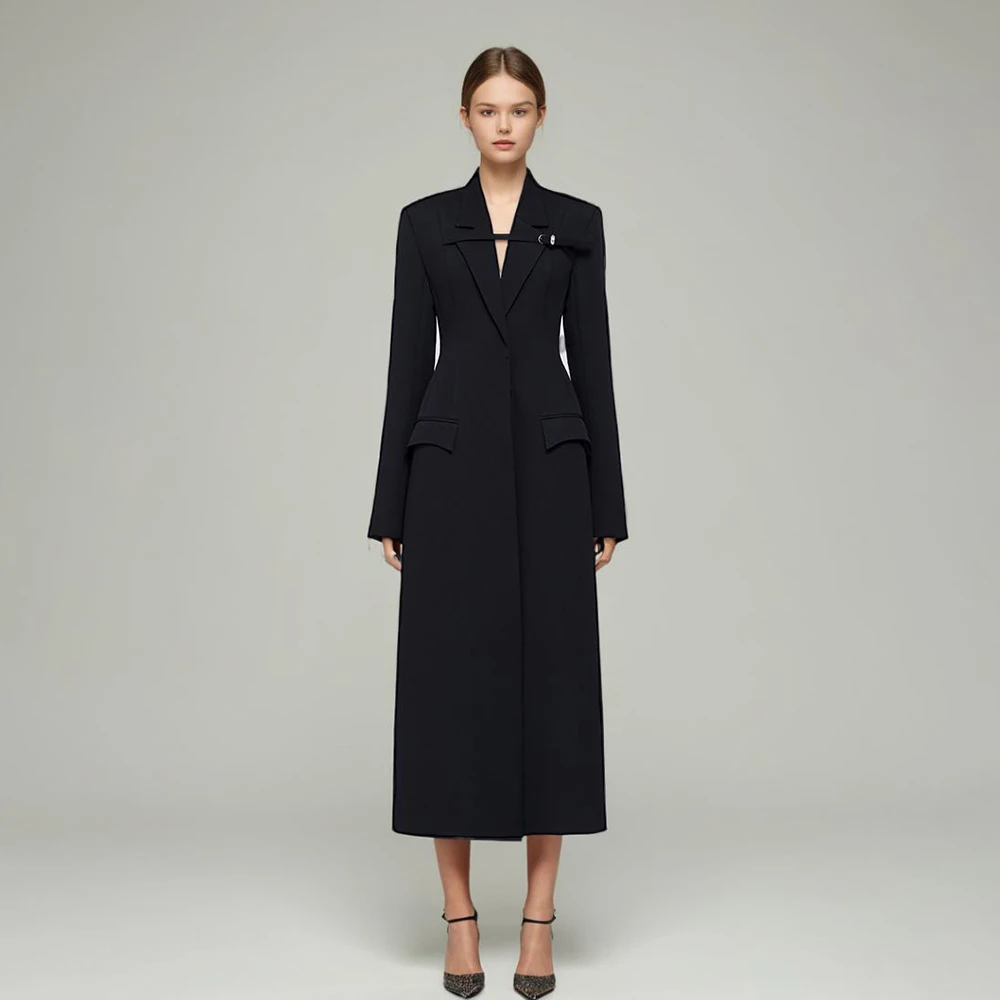 

Solid Patchwork Belt Temperament Coat For Women Notched Collar Long Sleeve Tunic Spliced Pocket Elegant Trench Female New