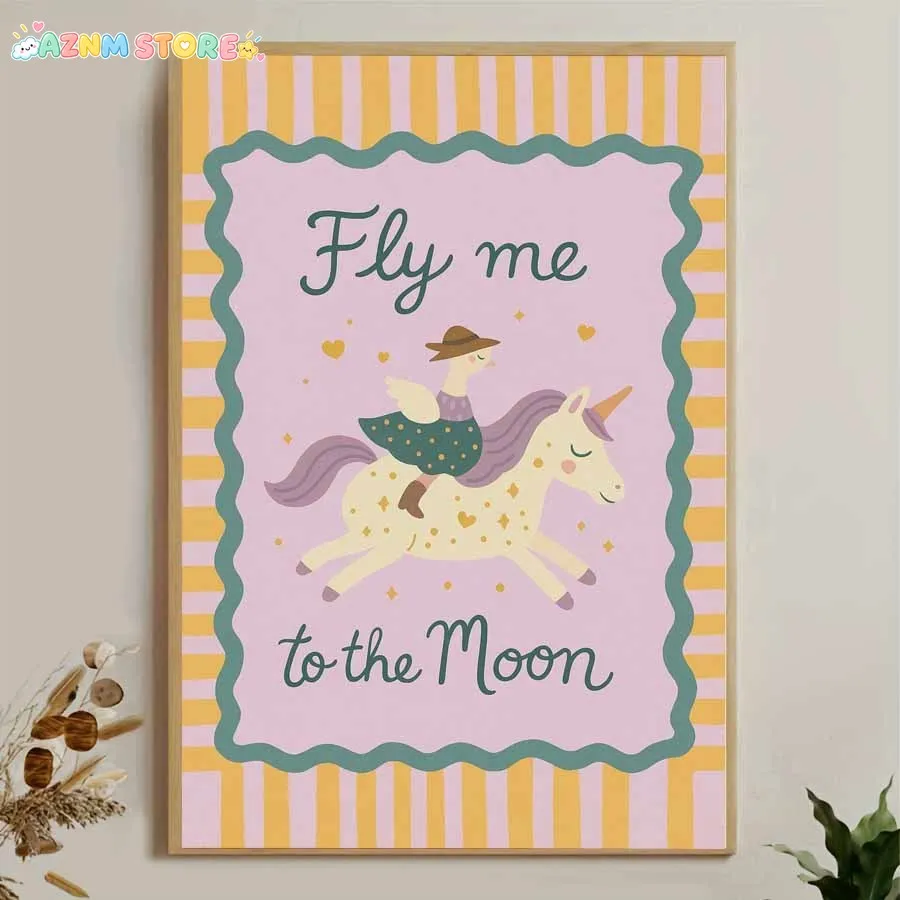 2027,1pc Frameless Canvas Poster Goose Riding Unicorn with Fly me to the Moon Slogan, Cute Animal and Typography Wall Art Can