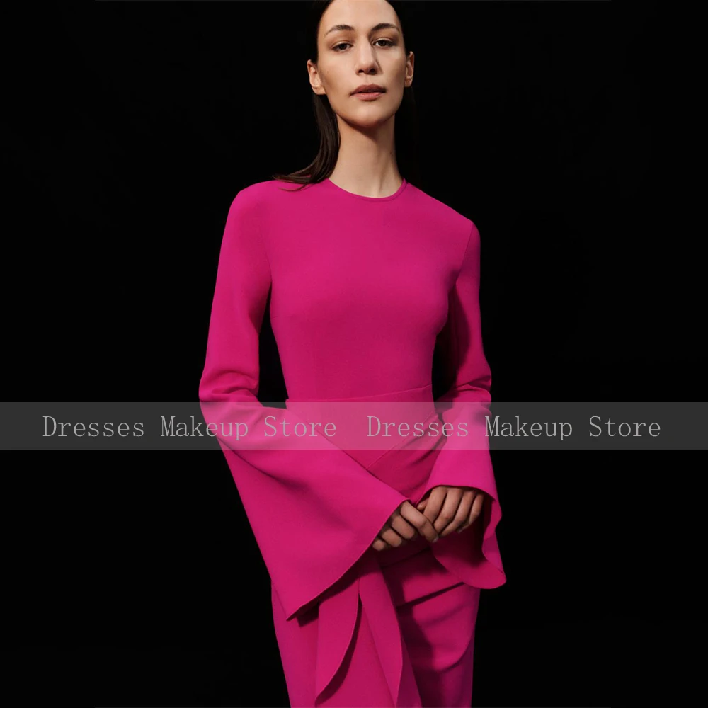 Hot Pink Formal Dress Midi O Neck Ruffle Column Elegant Evening Gowns Ankle Length Sheath Long Sleeves Graduation Prom Dresses