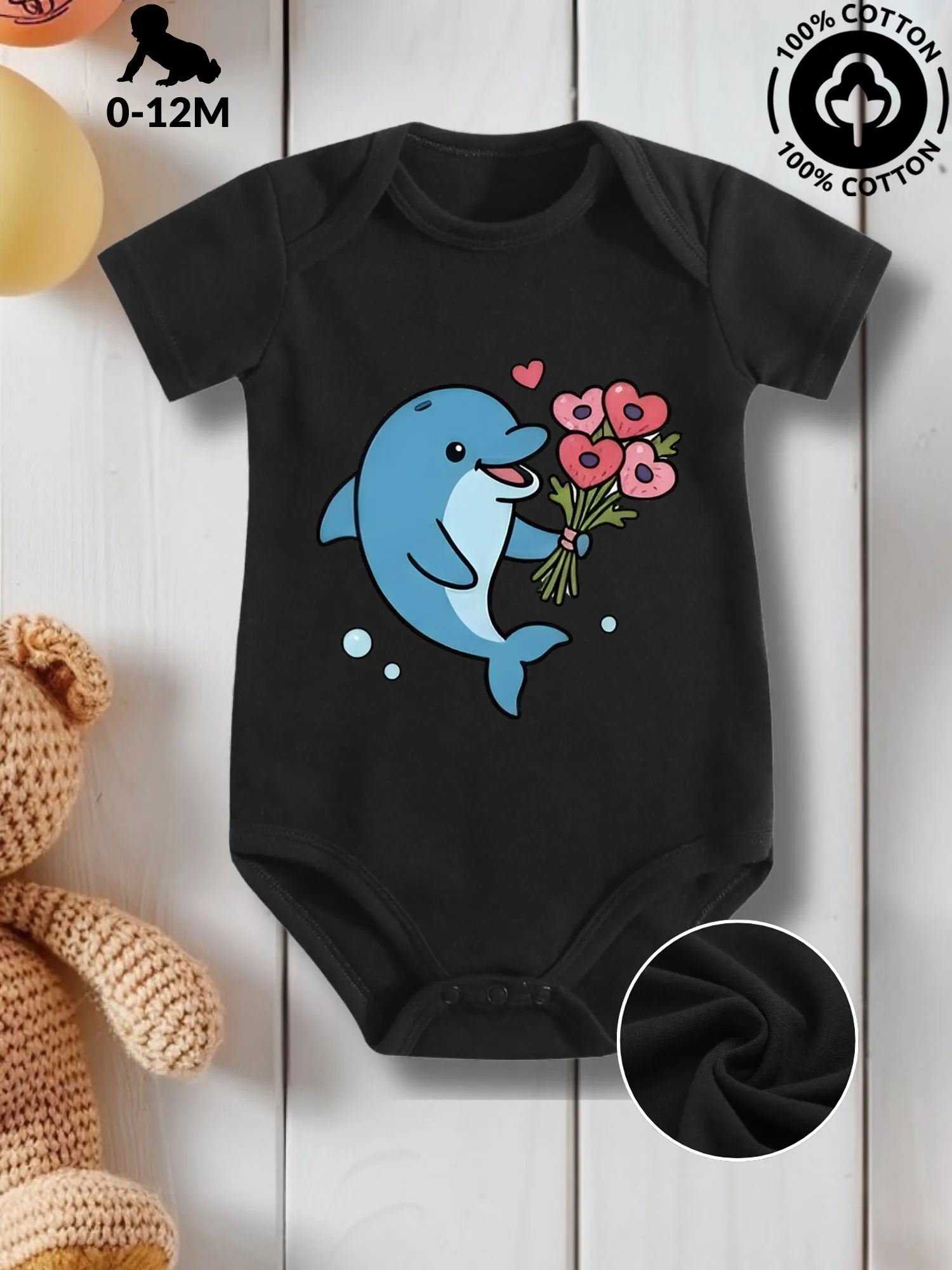 

Valentine Dolphin Unisex Baby Crawling Suit, Pure Cotton Skin Care Onesie, All-Season Wear Black Bodysuit 190GSM