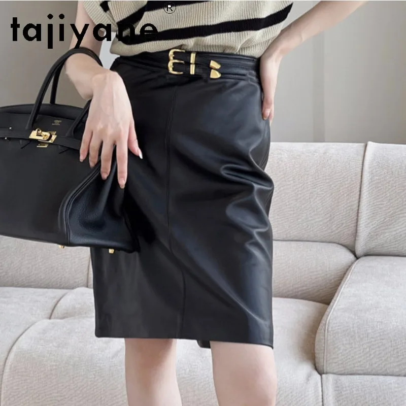 TAJIYANE High Waist Sheepskin Genuine Leather Skirt Woman Double Belts Women's Skirts Midi Skirt Black Bodycon Skirts 2026 Woman