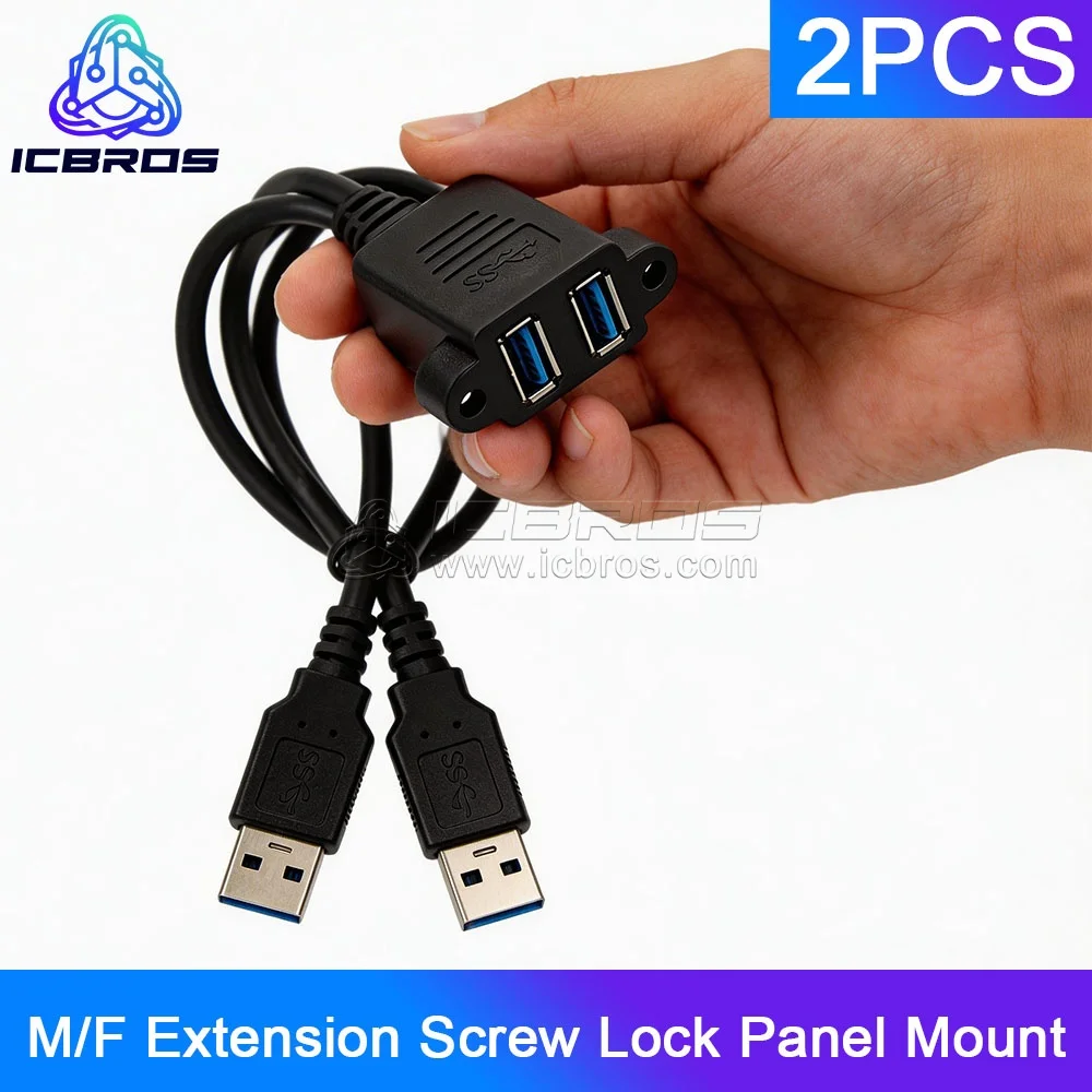2pcs Dual Port USB 2.0 USB 3.0 A Male to Female M/F Extension Screw Lock Panel Mount Cable 30cm 50cm