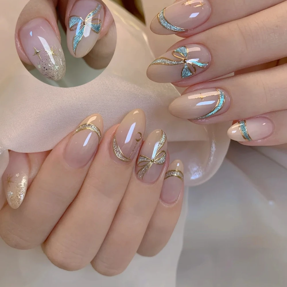 

10 Pcs Press On Nails Handmade Almond Fake Nails Painting 3D Bow & Ribbon Design False Nails Reusable Nails Set for Women