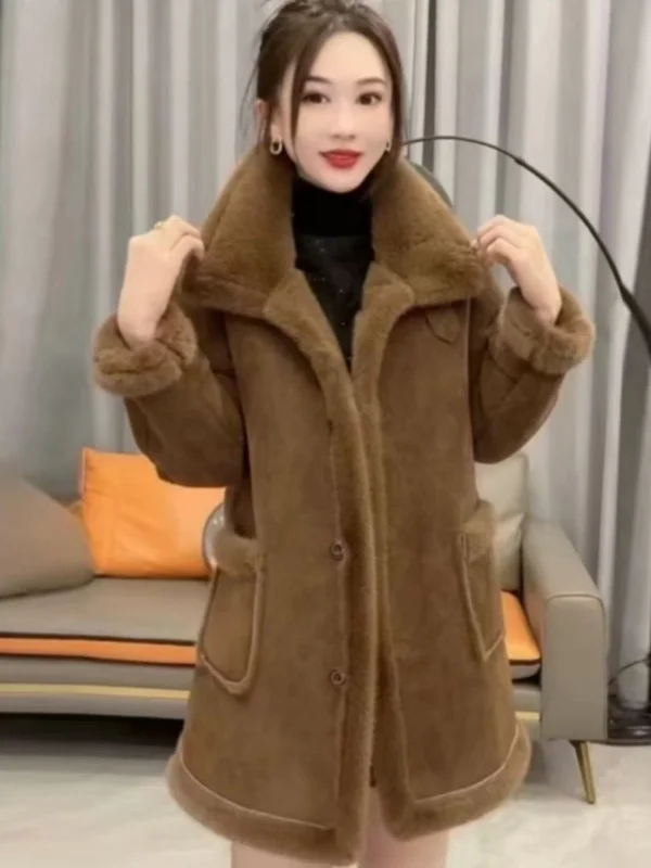 

Women's Winter Thiened Fce Lined Fur Jaet Loose Slimming Cotton Coat Long Sve Collar Single Button Closure