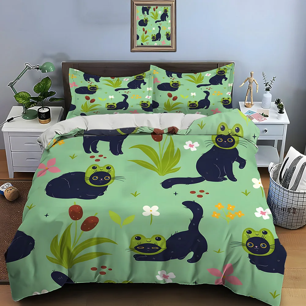 

Cute Black cats in frog hats Bedding Set for Kids Luxury Gift 3pcs Digital Print Comforter Set Soft Comfortable Breathable