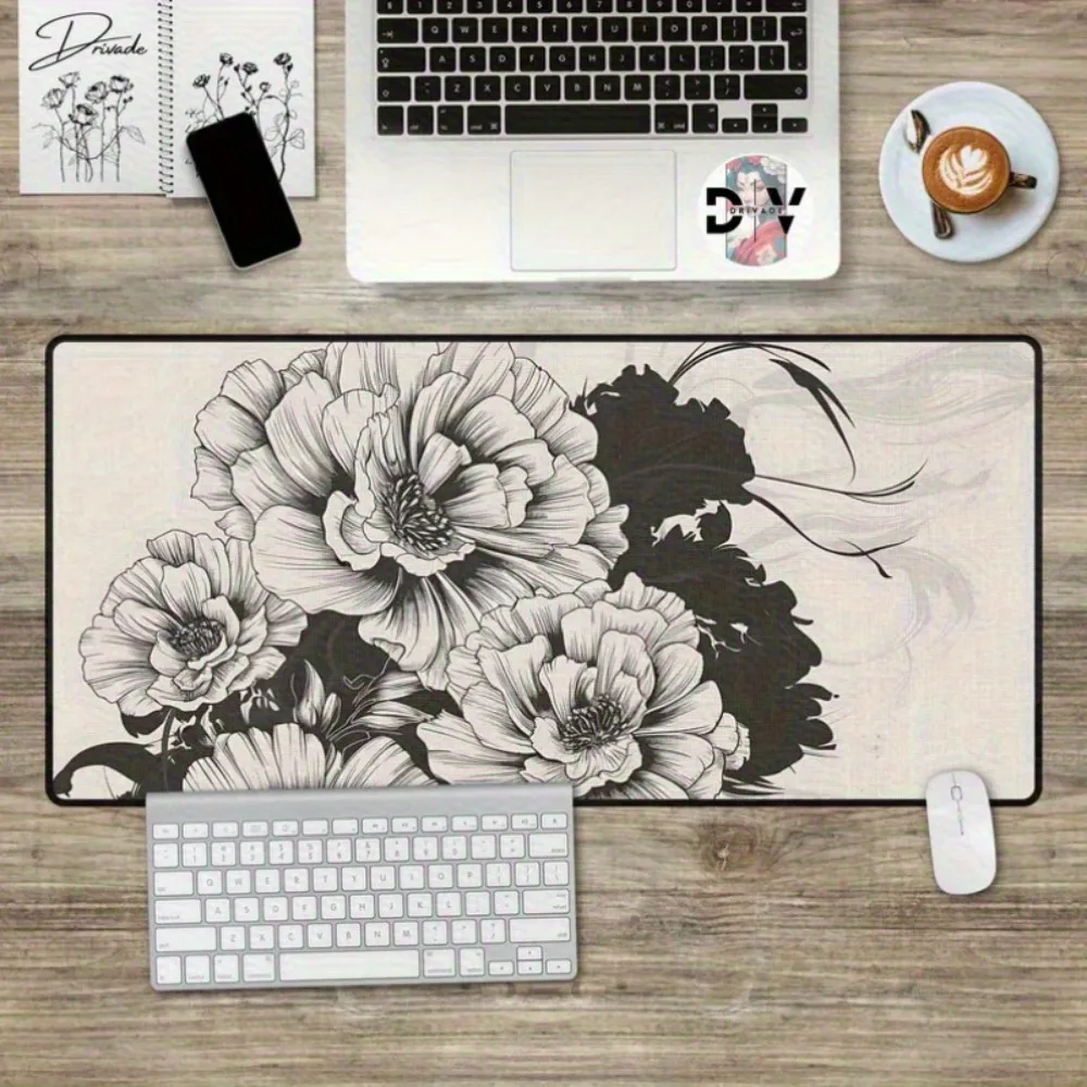 Grand motif floral ovale noir et blanc, avec support en caoutchouc, adapté aux bureaux à domicile, aux décorations de bureau, etc. tapis de souris