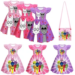 Hot Sprunki Clothes  Anime Cartoon Child Girls Sprunki Figures Printed Dress+Bag Party Vestido Clothing Baby Girls Birthday Gift
