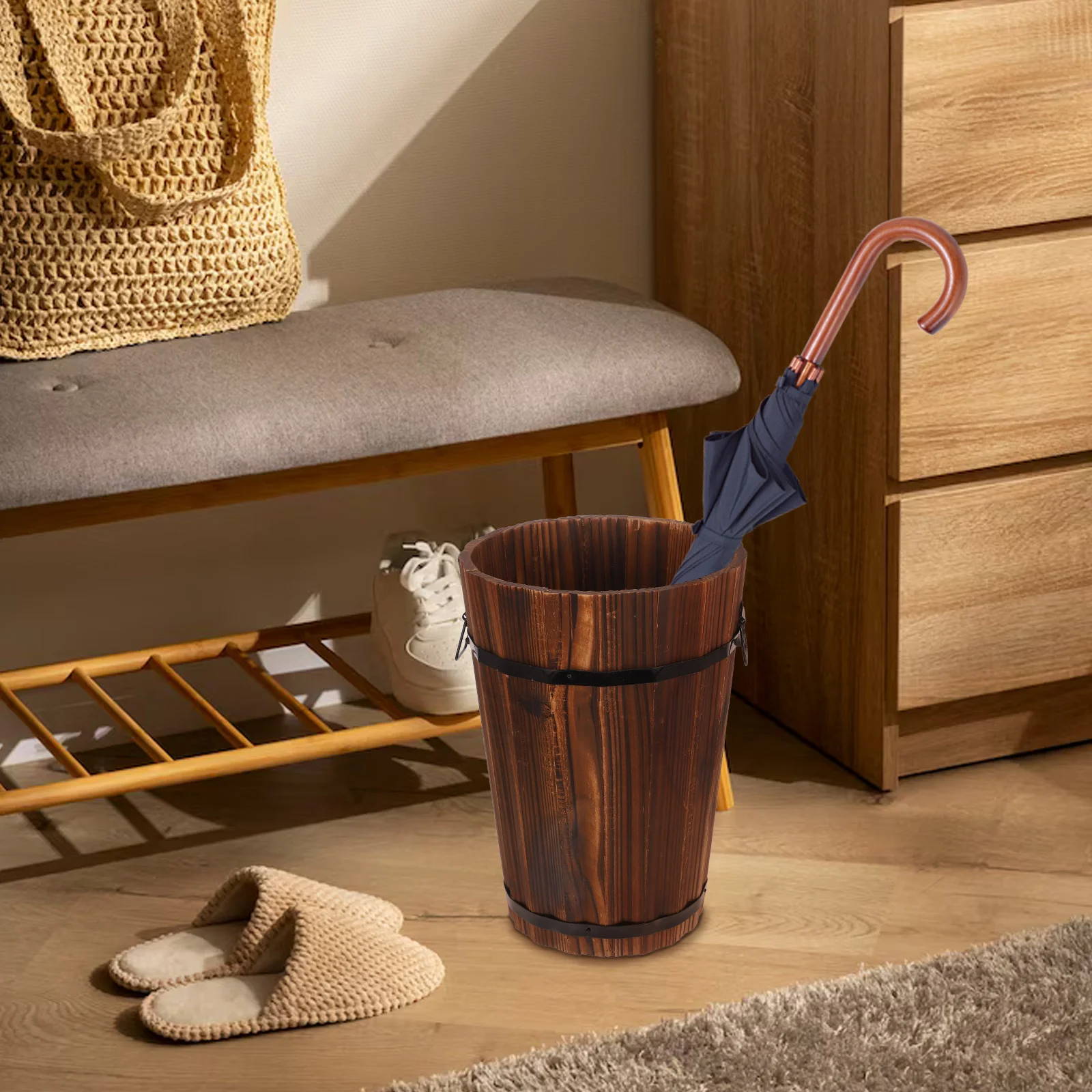 

Wooden Umbrella Bucket Light Space-Saving Storage Rack Entryway Stand Holder Organizer Umbrella Bucket