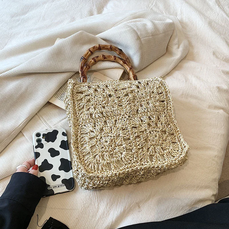 Hollow Crochet Beach Bags for Women Bamboo Handle Women\'s Handbags Paper Rope Knitting Clutch Bohemian Travel Tote Square Purse