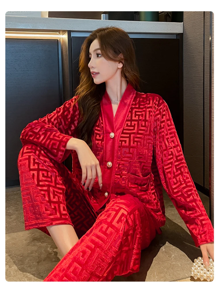 Fashion Gold Velvet Pajamas Suit Women\'s Spring Autumn New High Quality Loose Top+Trousers Plus Size Outer Wear Home Clothes
