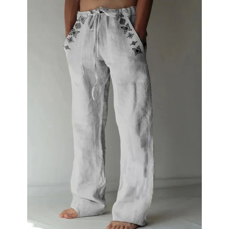 

Men's sports pants retro ethnic totem 3D printed casual pants drawstring straight tube beach pants street linen pant