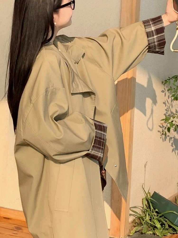 

Женское модное пальто цвета хаки, весенне-осеннее, в британском стиле, с длинными рукавами, воротником-стойкой, средней длины