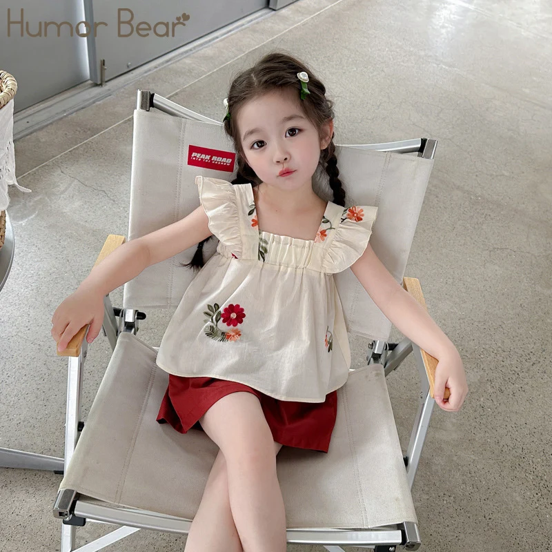 

Humor Bear Girls' Summer Thin Flower Flying Sleeve Top Solid Pocket Shorts Set Fashionable and Sweet Vestidos Casual Outfit 2-6Y