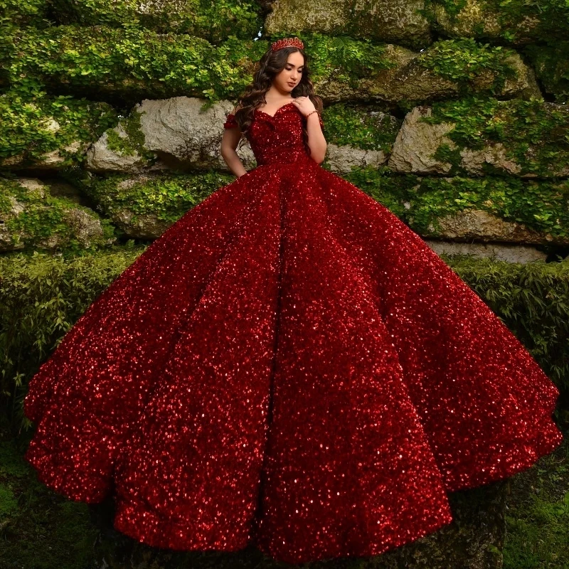 

Red Shiny Sweetheart Quinceanera Dresses Off Shoulder Sequined Beads Chapel Train Corset Prom vestido de debutante 15 anos