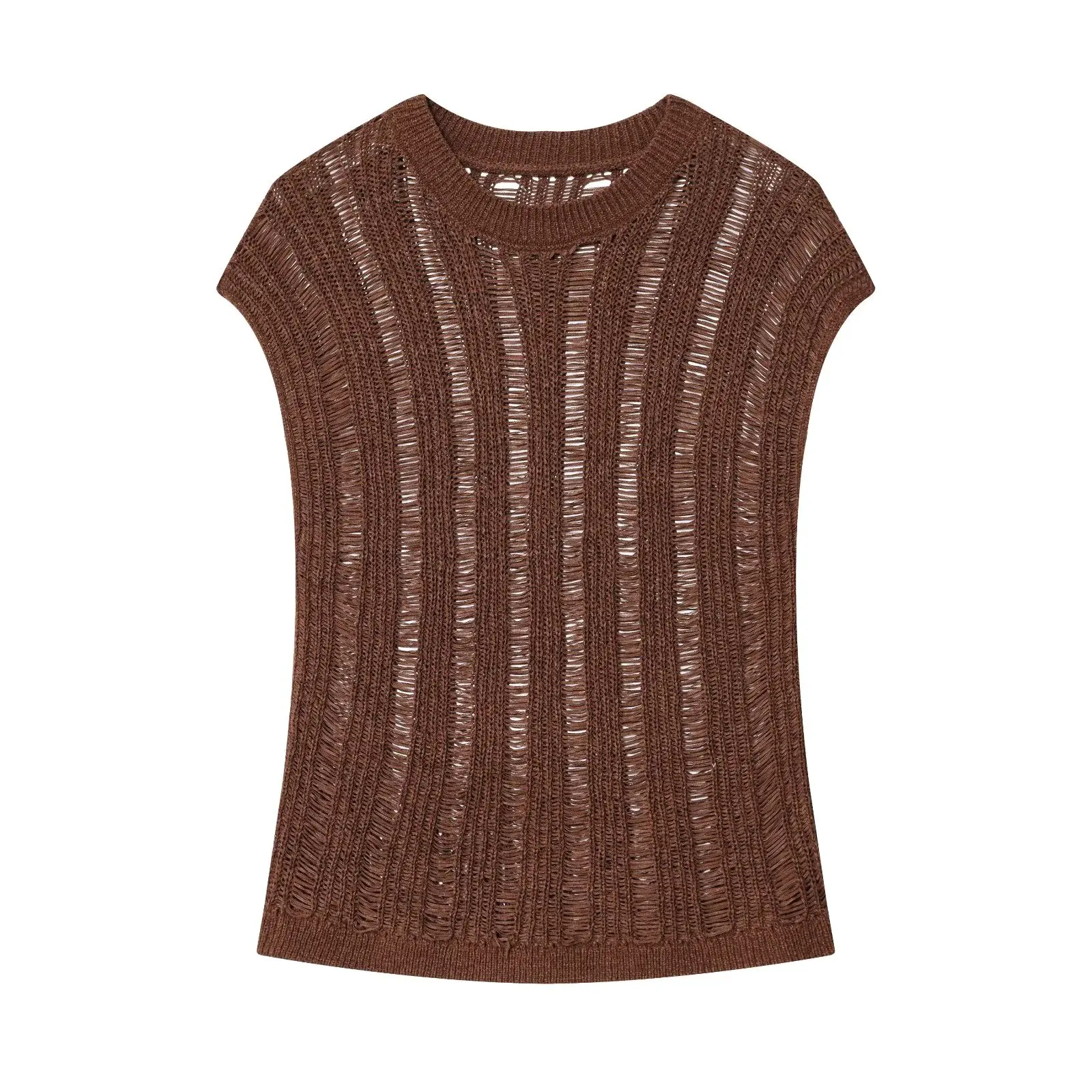 ETJ 2025 TRAF women's new casual holiday style round neck sleeveless knit top sexy see-through loose knit vest