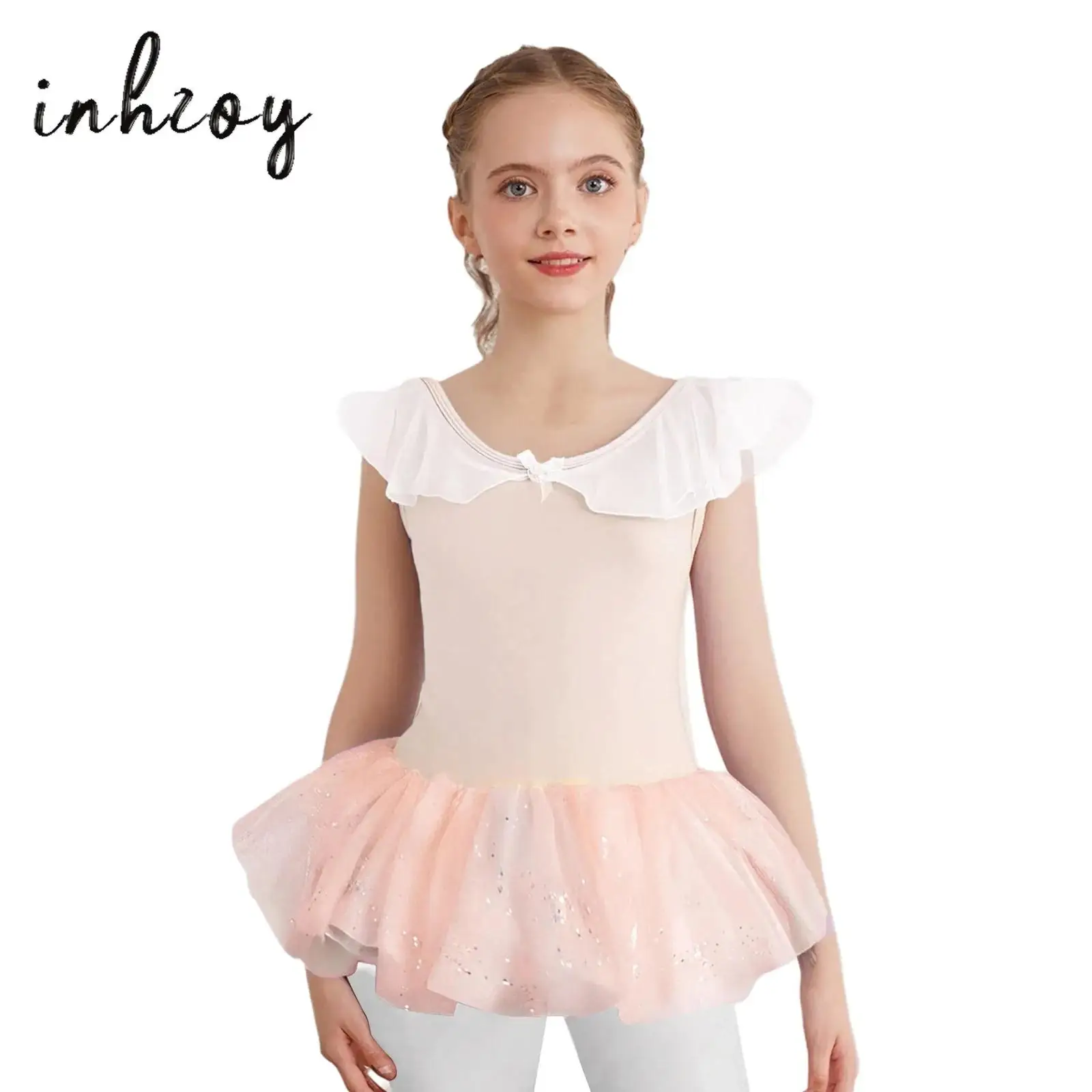 

Kids Girls Ballet Gymnastics Dance Costume 2Pcs Sleeveless Ruffled Collar Leotard Bodysuit+Shiny Sequins Tulle Tutu Skirt Set