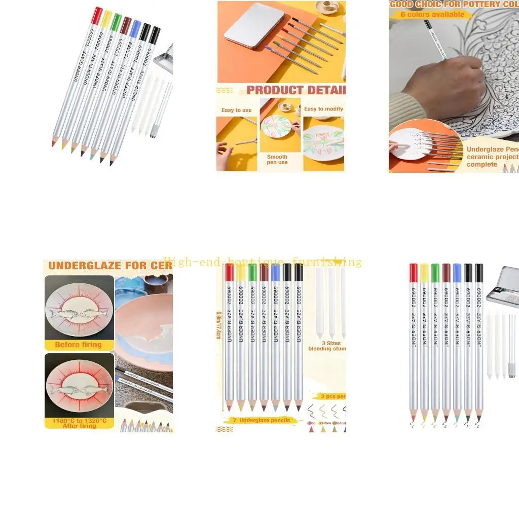 L9NB Ceramic Drawing Pencil Set for Pottery Painting, 7 Assorted Underglaze Pencils with Sharpeners, Blending Tools and Storage