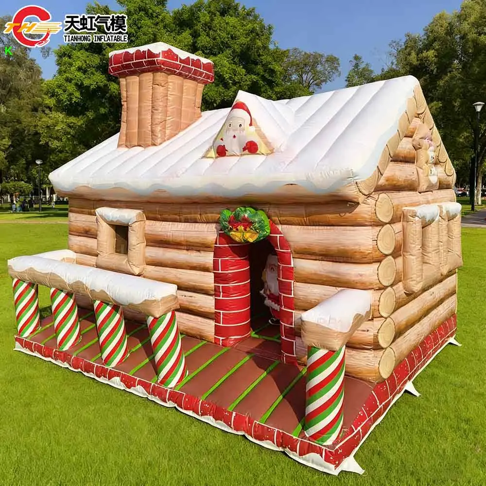 Maison de noël gonflable avec cabine en rondins, 5x4x3.5mH, avec clôture, grotte du père noël avec cour avant, livraison rapide