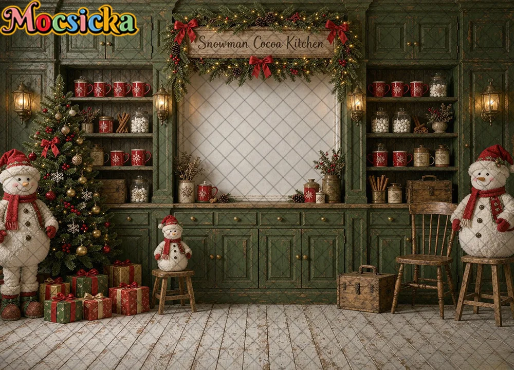 Mocsicka Snowman Cocoa Kitchen Christmas Backdrop Retro Cabinet Xmas Tree Photography Background Kid Holiday Portrait Photoshoot