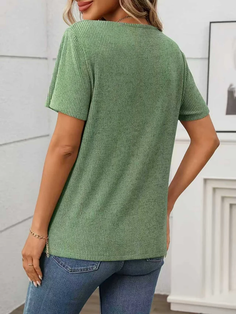 Fall 2026 New Simple Commuter Women's Knitted Pit Strip V Neck Button T-shirt Short Sleeve Top