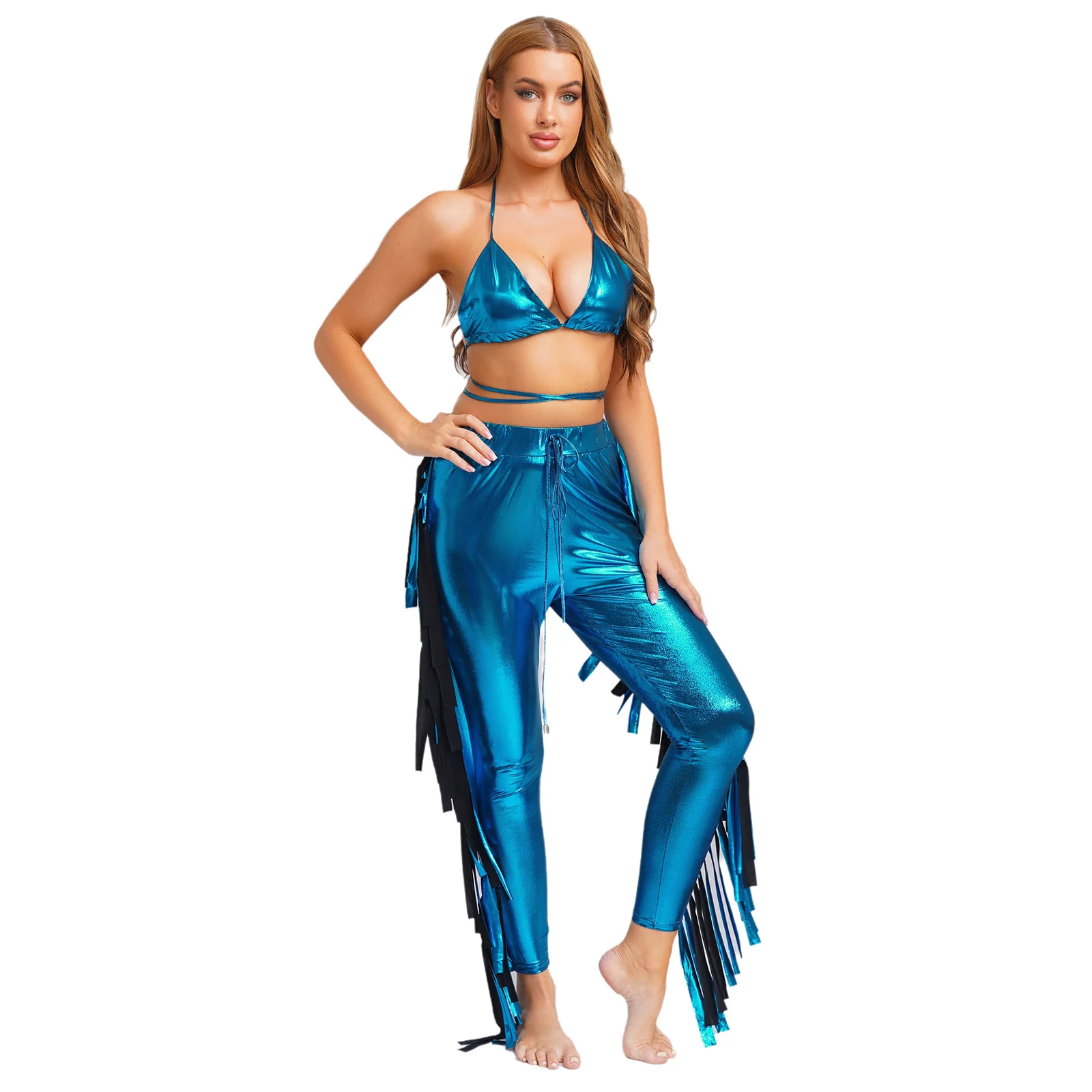 

Womens Hippy Jazz Dance Costume Metallic Shiny Stage Performance Outfits Lace-up Bra Tops And Fringe Pants Jazz Dancewear