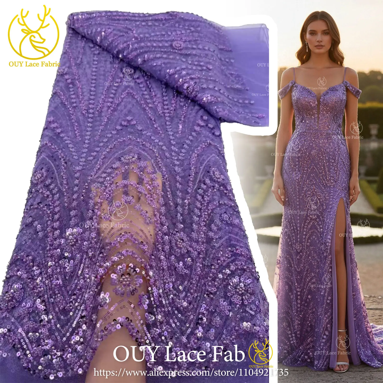 Green African Beaded Lace Fabric 2026 Wholesale Hot Sale in Nigeria Sequin Lace Fabric Lace Fabric for Women's Party Dresses 5Y