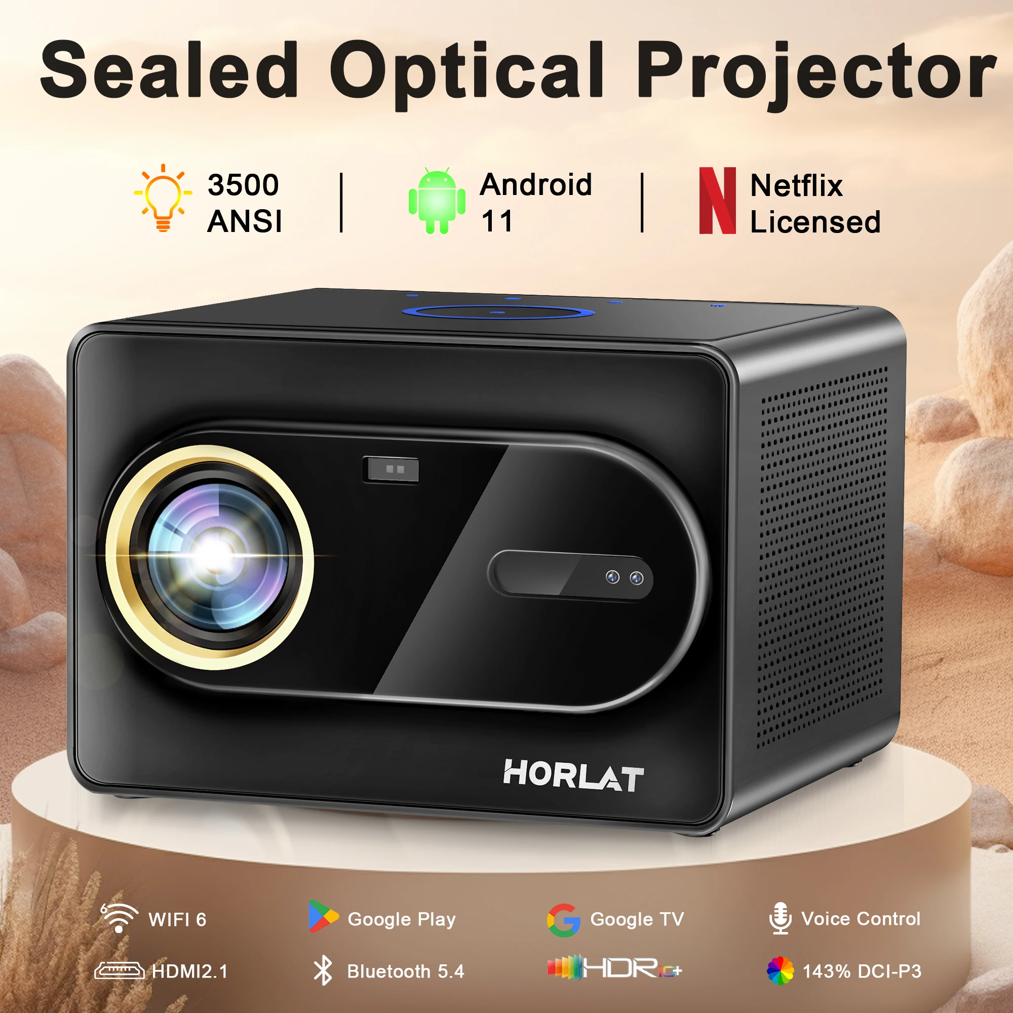 Proiettore sigillato HORLAT 3500ANSI Google TV BT Controllo vocale AutoFocus WiFi6 4K UHD Proiettore cinematografico Home Theater con licenza Netflix