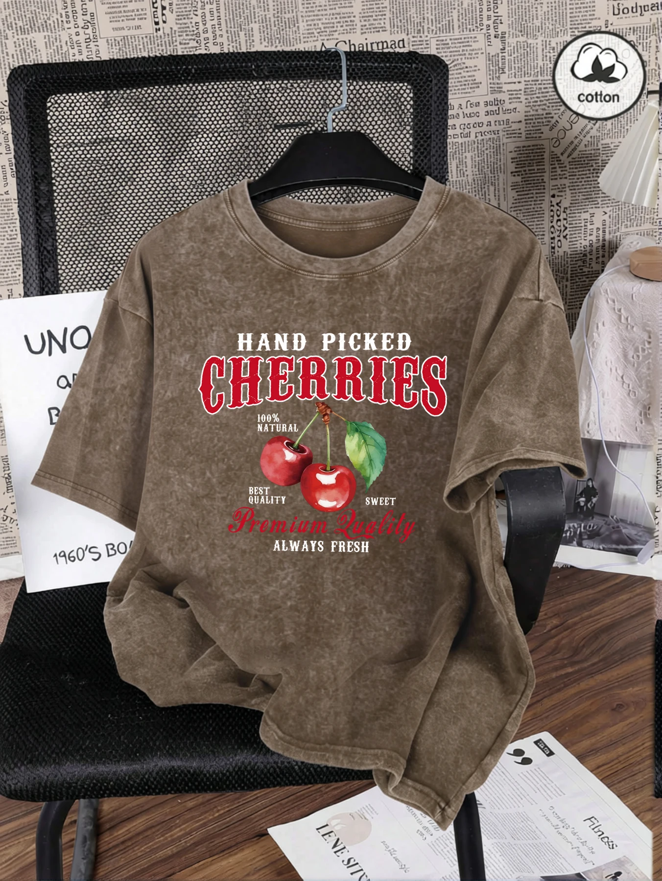 Hand ausgewählte Kirschen immer frisch bedrucktes gewaschenes T-Shirt für Damen, Sommer, lockeres T-Shirt, Straße, kurze Ärmel, lässige Baumwollkleidung