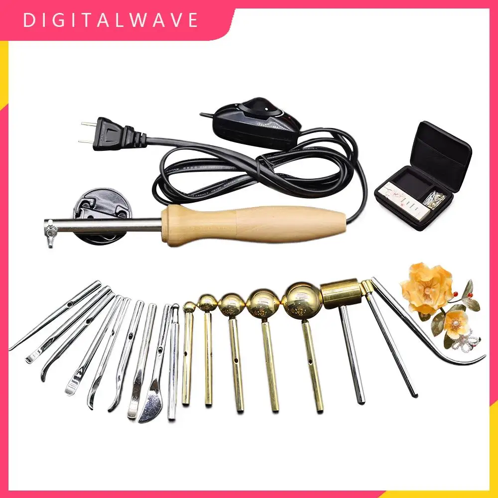 220V Imported Double-layer Inner Pyrographic Device Set 17 Head 22 Head Trowel Leather Carving Tool Flower Making Tools with Bag