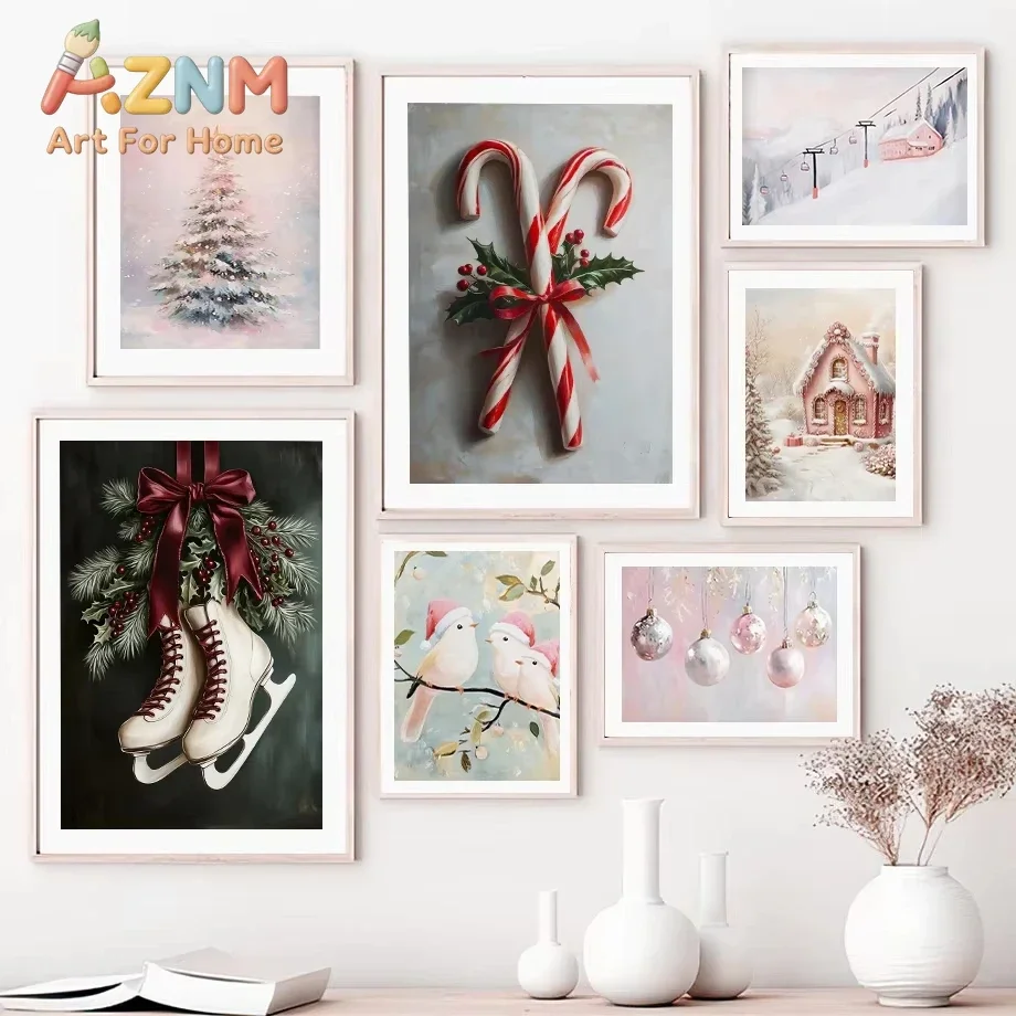 Pink Bow Christmas Gift Christmas Tree Snow House Cable Car Sleigh Fashion Wall Art Canvas Painting Nordic Poster Room Decor