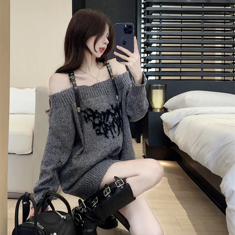 

Топ на одно плечо, вязаный свитер в стиле панк, пуловер, милый повседневный винтажный свитер Harajuku y2k, эстетичный шикарный свитер