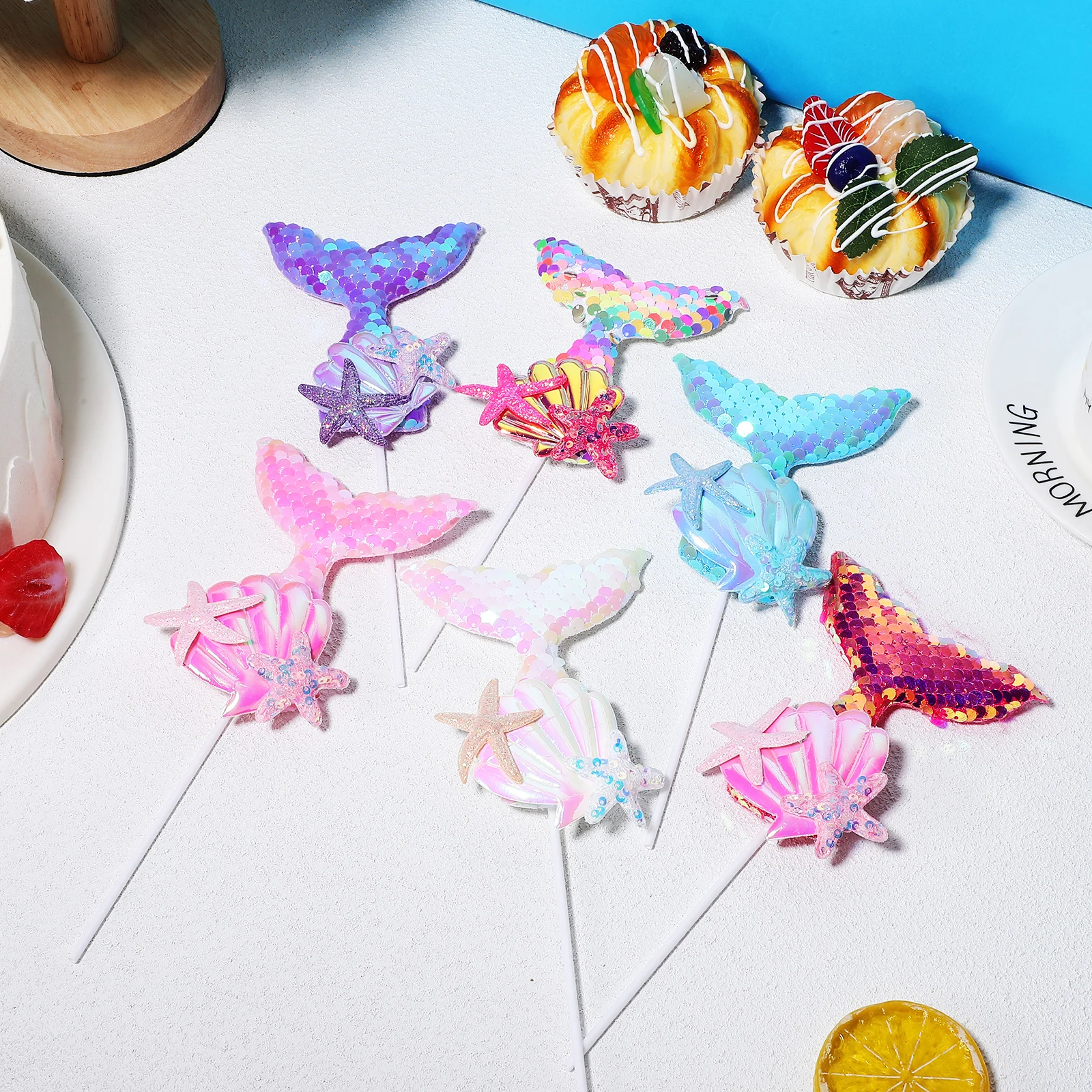 

Marine Sequins Decoration under The Sea Cake Decorations Mermaid Tail Cupcake Toppers Party Favors Birthday