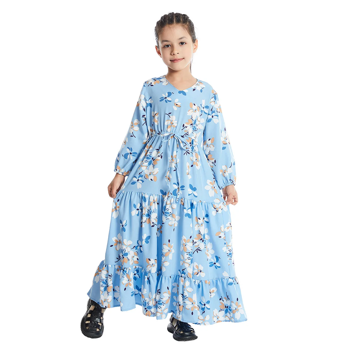 Kids Abaya Dresses Moroccan Eid Party Muslim Girls Floral Print Maxi Dress Turkey Kaftan Arab Long Robe Islamic Prayer Vestidos