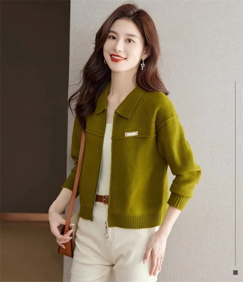 Spring Autumn New Lapel Collar Zipper Women Knitted Cardigan Sweater Jacket Fashion Short  Leisure Versatile Female Sweater