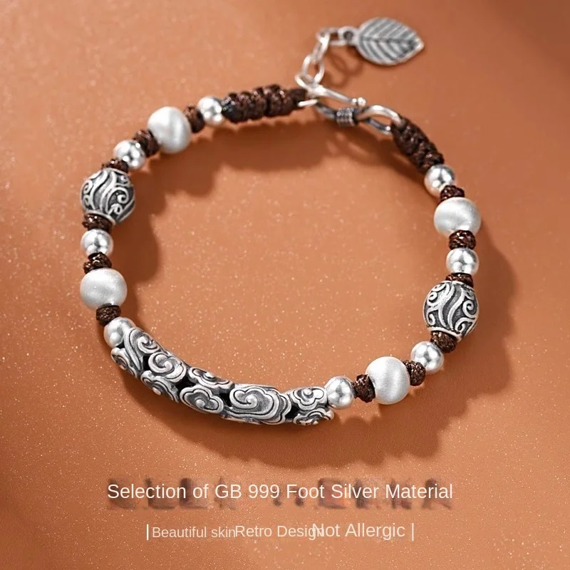 

High Level Fashion Ethnic Style Lovers Women's 999 Sterling Silver Bracelet Xiangyun Hand String Jewelry Qixi Birthday Gift