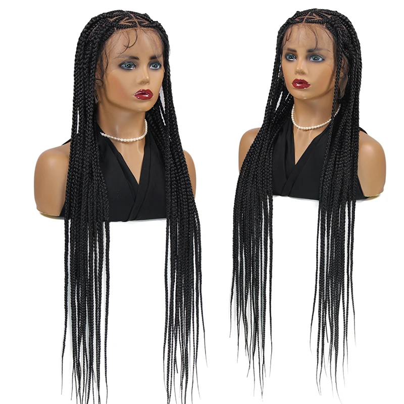 Pelucas sintéticas de 36 ", caja de corazón, pelucas llenas trenzadas de encaje, trenzas Cornrow Borgoña, pelucas de encaje para mujer, cabello trenzado africano de imitación Locs