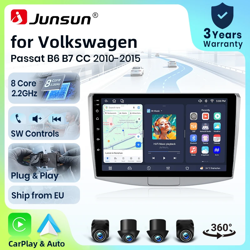 Autoradio Cestovet 10" avec système intelligent pour VW Passat B6 B7 CC 2010-2015, caméra 360°, Android 15, CarPlay sans fil, commande vocale IA, écran tactile IPS, lecteur multimédia intelligent, unité centrale 2 Din, GPS, Mirror Link, Bluetooth 4G pour automobile.