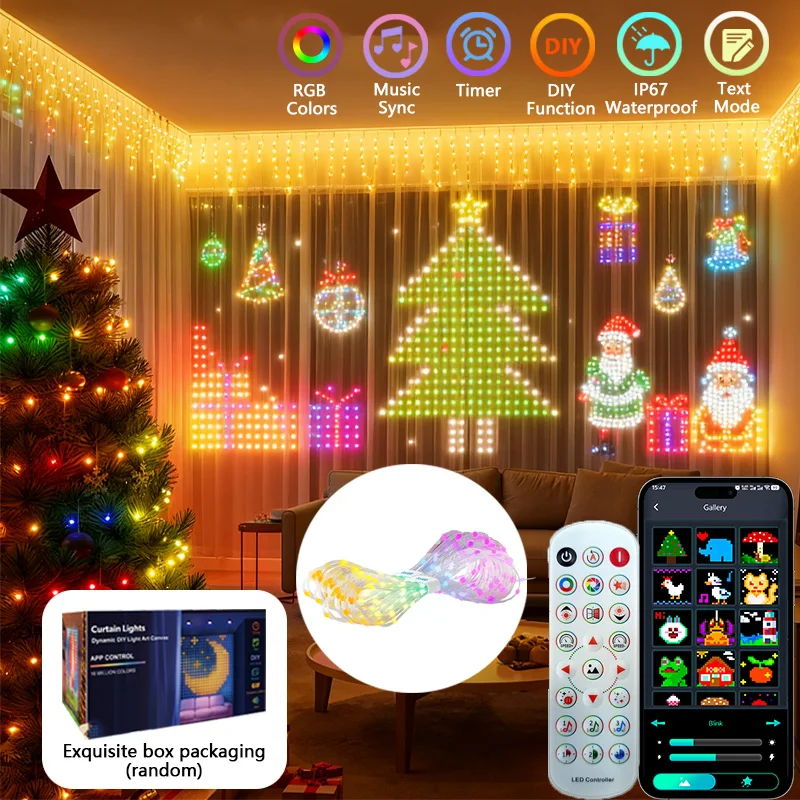 Inteligentne lampki LED w kształcie zasłon, lampki sznurkowe RGBIC, ładowanie USB, sterowanie aplikacją, możliwość tworzenia własnych wzorów, synchronizacja z muzyką, do sypialni, na imprezy na świeżym powietrzu.