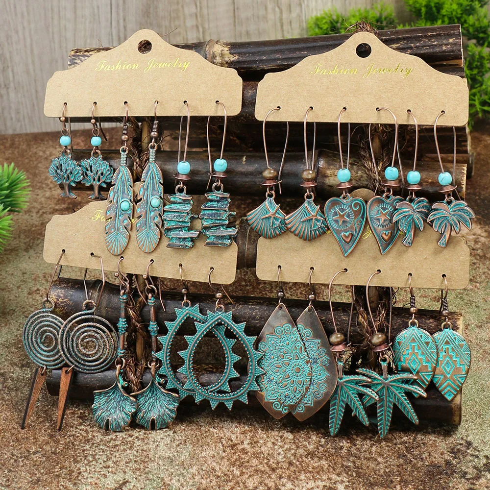 على شكل قلب سبائك الزنك انخفاض القرط مجموعة الجمع ، دائري تصميم جوفاء ، ورقة ريشة قذيفة هدية ، والأزياء نمط خمر