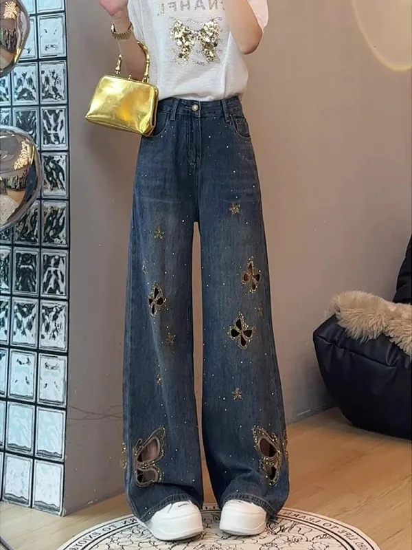 plus Size Hollow out Embroidered Denim Jeans High Waist Loose Fit Summer Thin Long Pants Women's Casual Wide Leg Trousers