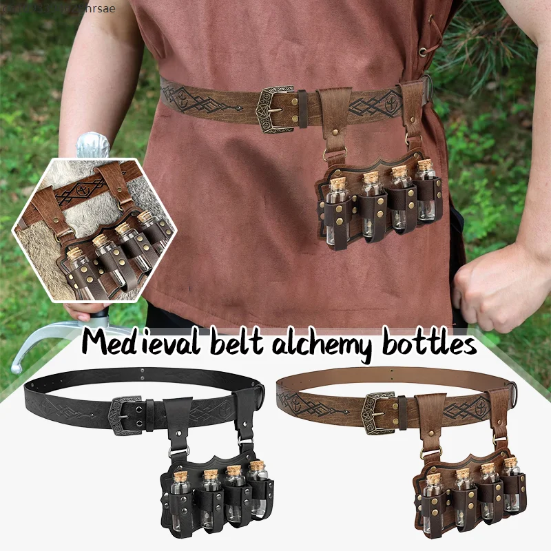Medieval Witch Alchemy Potion Bottles Holster Renaissance Magic Cork Bottle Embossed Waist Belt PU Leather Belt Cosplay Props