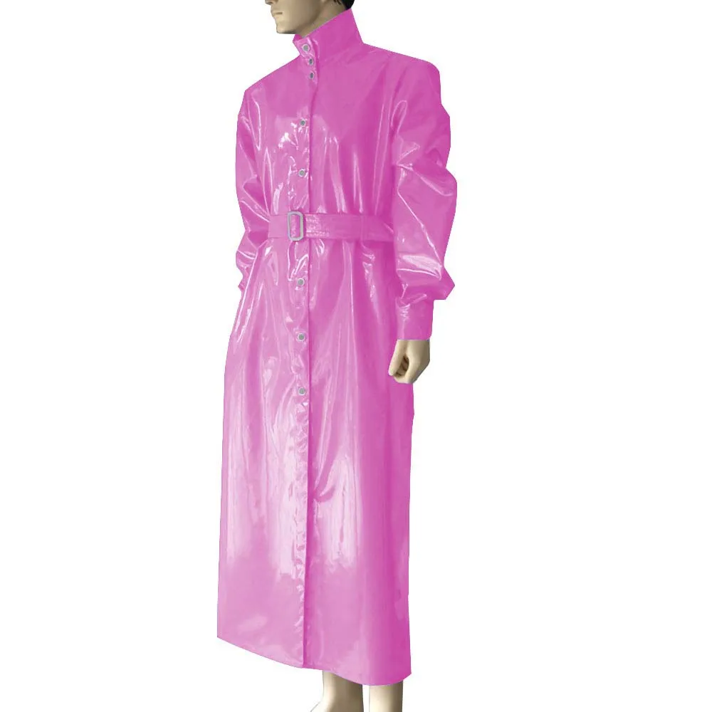 Mens Sissy Long Vinyl PVC Leather Trench Coat Male Sashes Button-Up Overcoat Raves Party Single Breasted High Neck Trench Coat