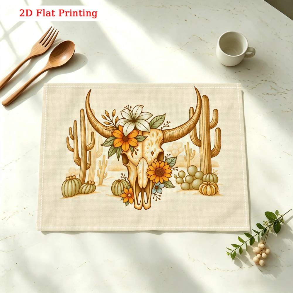 Floral Skull Cactus Kitchen Placemat Floral Skull Cactus Linen Pad Dish Coffee Cup Table Mat 1PC 30x40cm