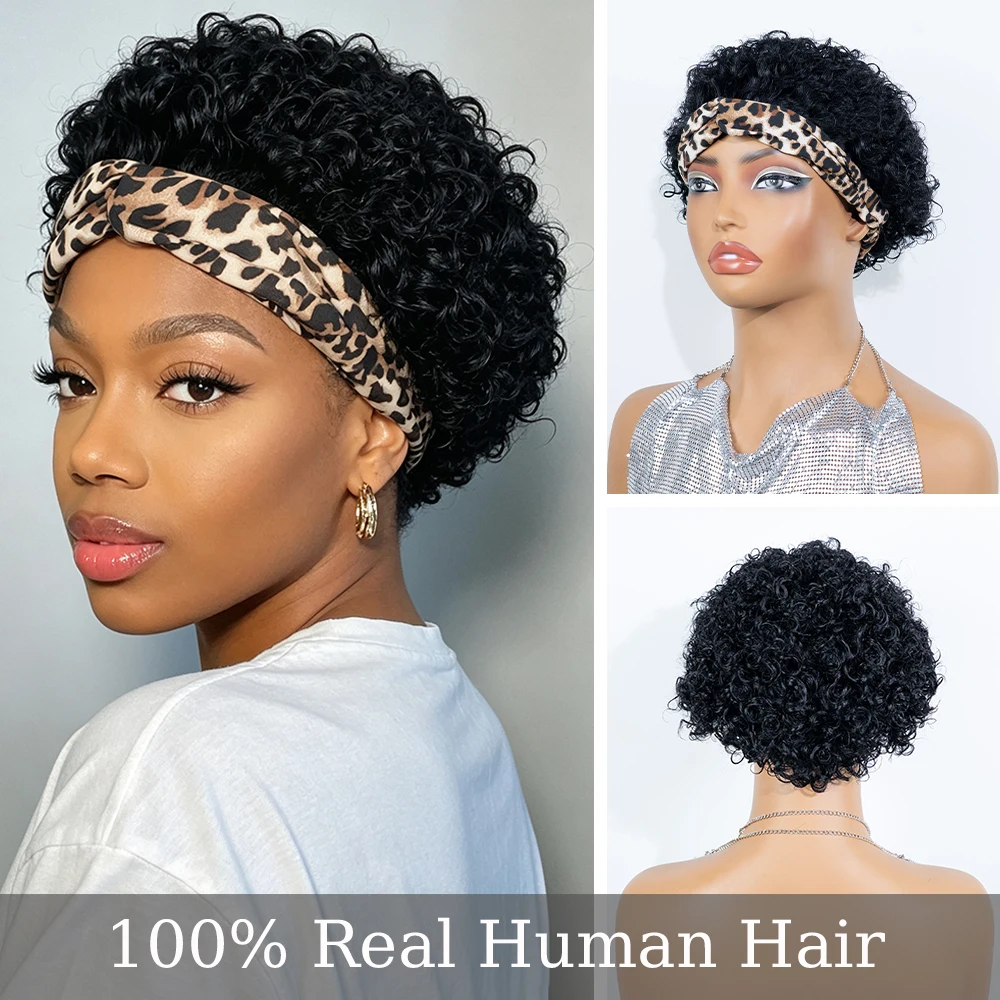 Short Tight Kinky Curly Leopard Print Twist Headband Human Hair Wig, Jet Black Afro Curly Leopard Print Twist Headband Wig Natural Scalp Full Head Wig,Full Machine Made For Daily Party Wear