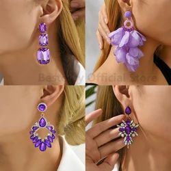 Boucles d'oreilles en cristal pour femmes, Collection violette, pendentif rond en pétales de cœur, bijoux de fête