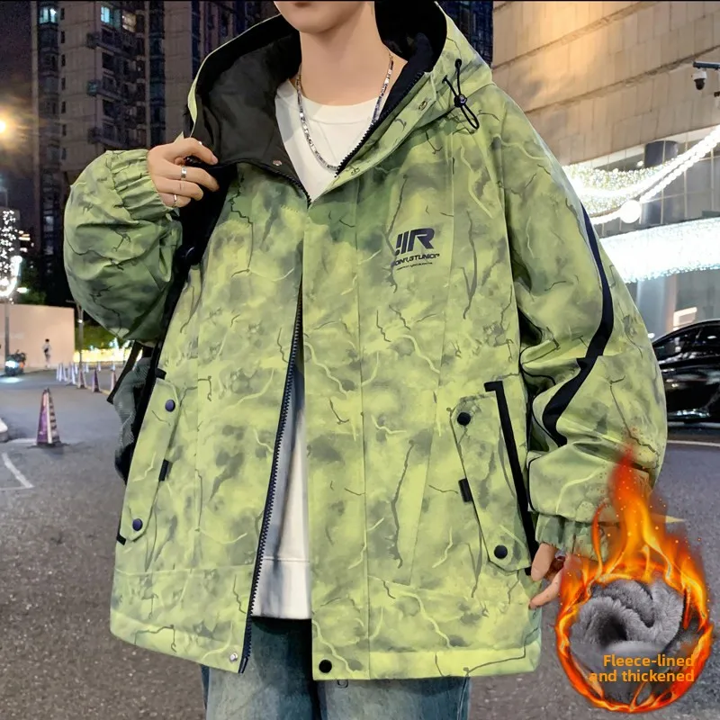 

Men's Thiened Fce Lined Workwear Jaet 2025 New Sle Warmth Teenage High School Student Winter Coat Casual Hooded Zipper